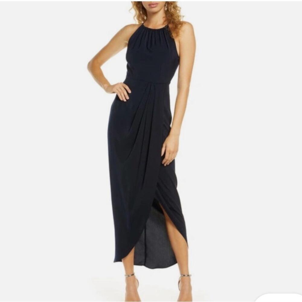 NEW SHONA JOY Draped Halter Navy Tulip Formal DRESS Size 8 Elegant Minimalist